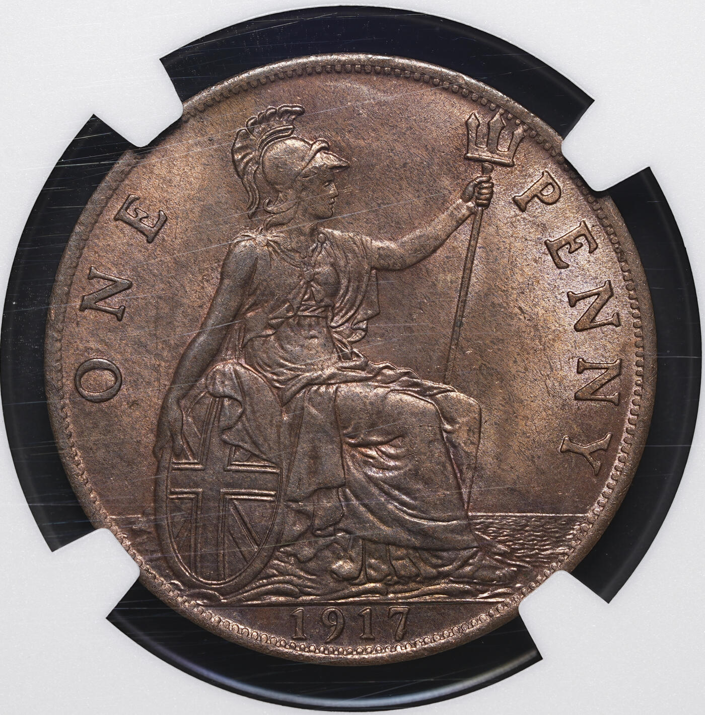 修遠堂世界钱币第四十三期 全场包邮 NGC MS64RB 1917年英国1便士铜币