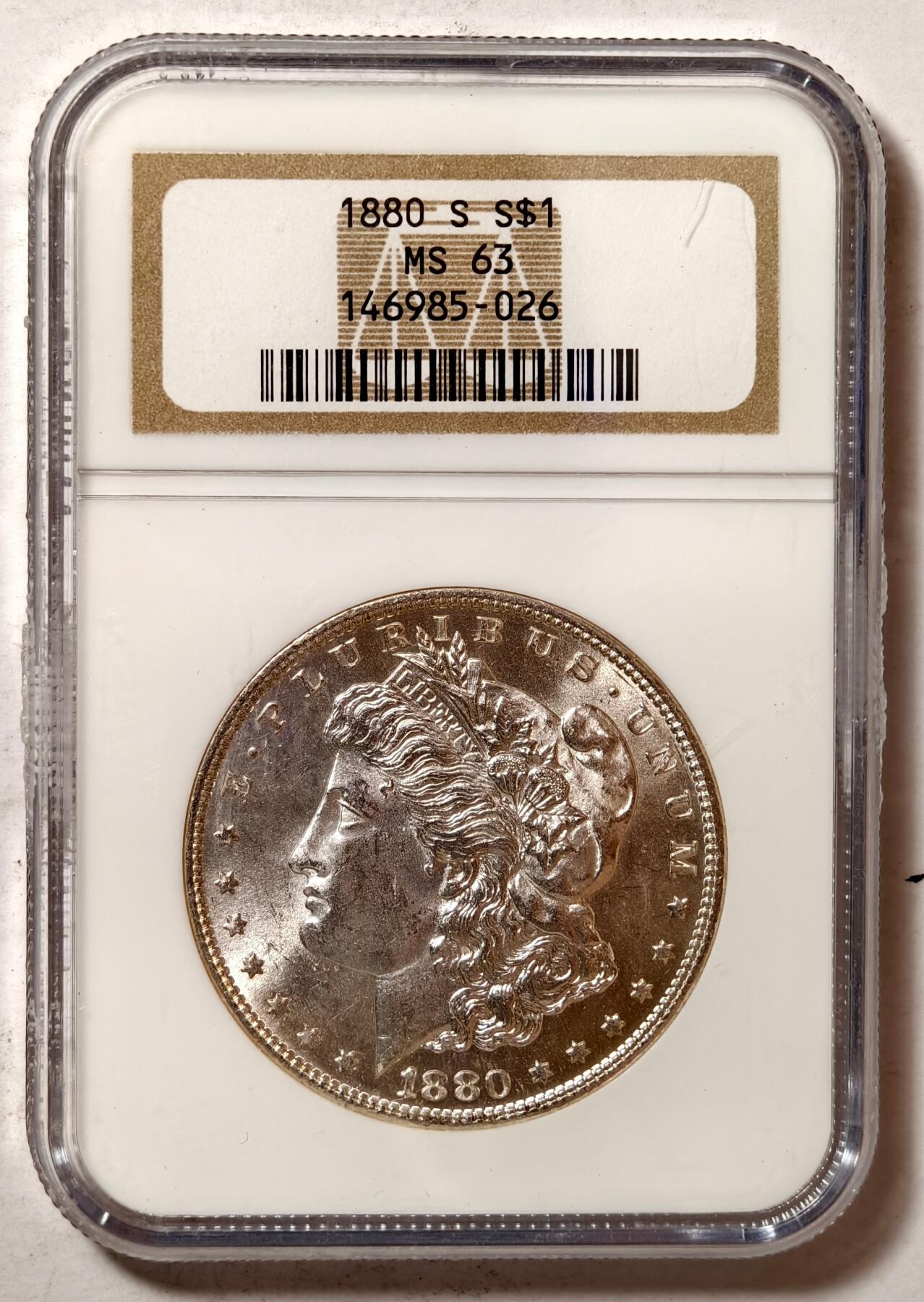 紫瑗钱币——第430期 美国 1880年 S版 摩根 大头妹 1美元 银币 NGC MS63 老盒