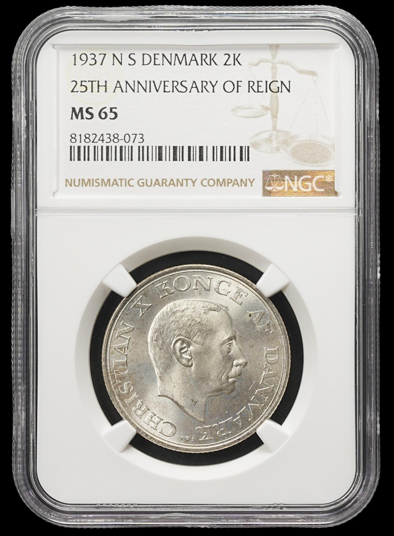 修遠堂世界钱币第四十三期 全场包邮 NGC MS65 1937丹麦国王执政25周年纪念2克朗银币