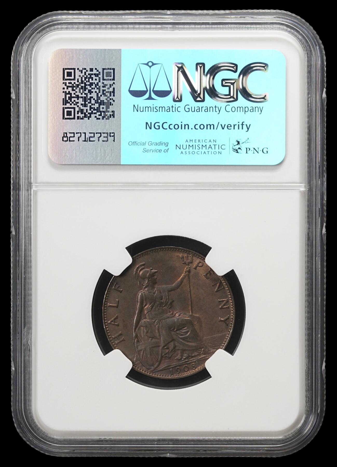 修遠堂世界钱币第四十三期 全场包邮 NGC MS63BN 1908年英国1/2便士铜币