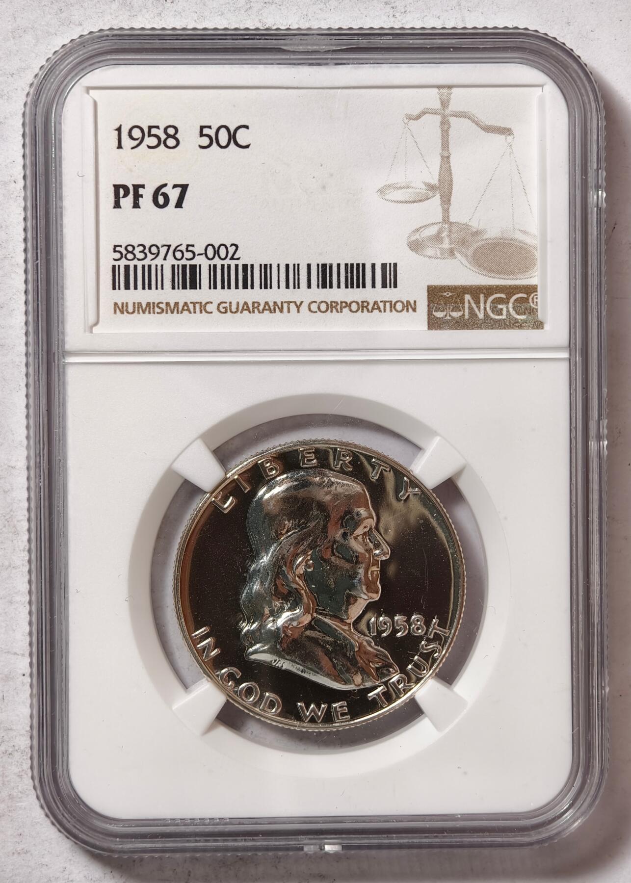 紫瑗钱币——第430期 美国 1958年 富兰克林 50美分 半美元 银币 NGC PF67 精制
