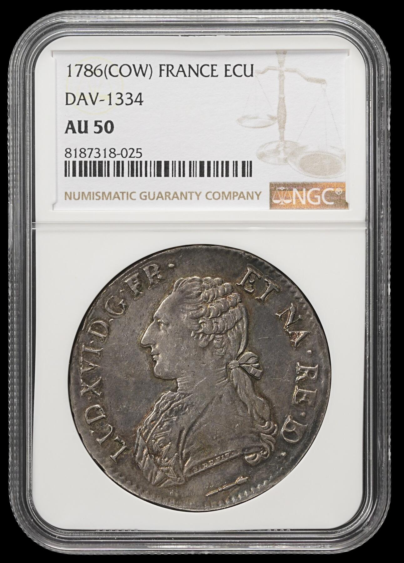 修遠堂世界钱币第四十三期 全场包邮 NGC AU50 1786年法国埃居大银币 路易十六 牛厂铭 老包浆