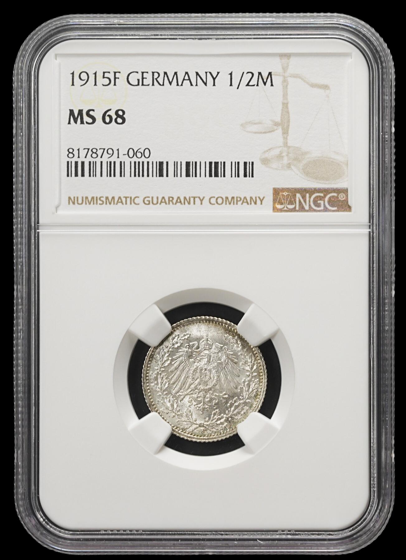 修遠堂世界钱币第四十三期 全场包邮 顶级高分 NGC MS68 1915年德国1/2马克银币 F厂铭