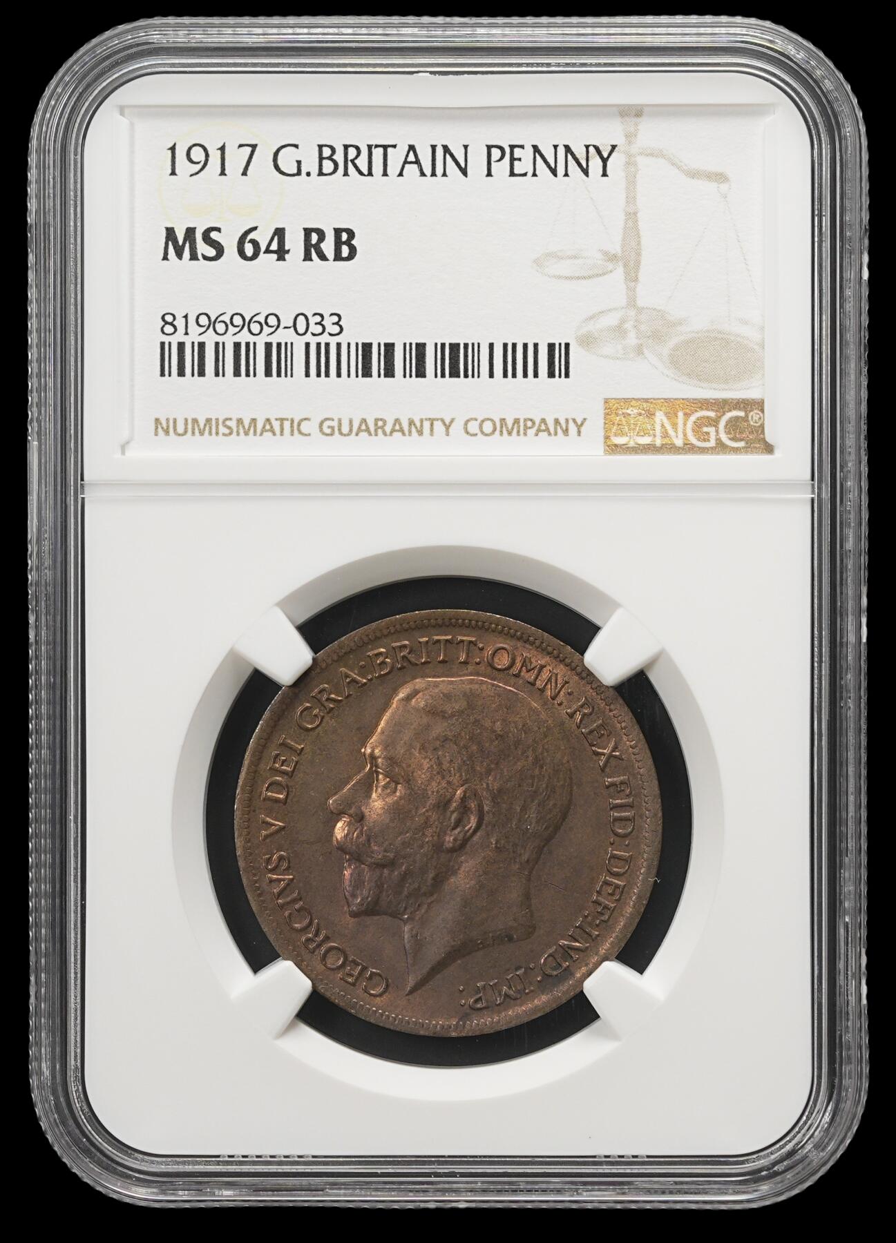 修遠堂世界钱币第四十三期 全场包邮 NGC MS64RB 1917年英国1便士铜币