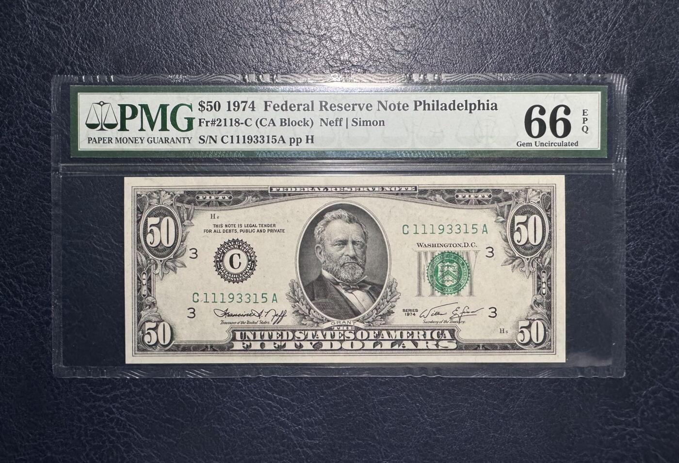 收藏联盟Quantum Auction 第383期拍卖  美联储1974年50元 PMG66  号码无47且为111豹子号头