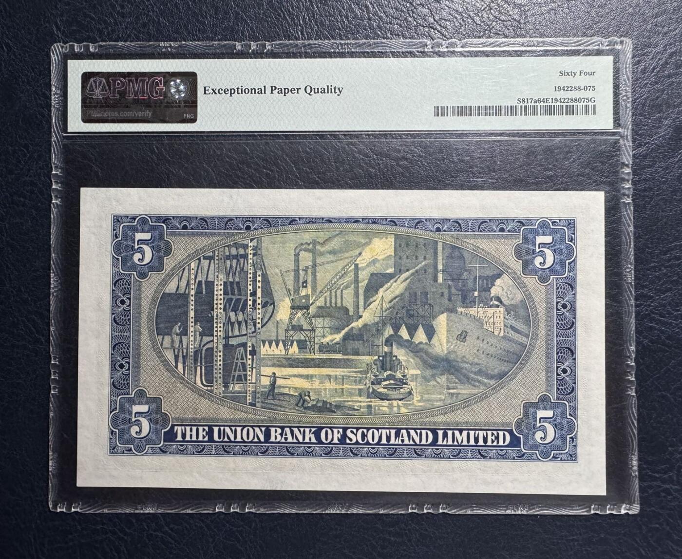 收藏联盟Quantum Auction 第383期拍卖  苏格兰联合银行1950-53年5镑 PMG64E 大票幅 