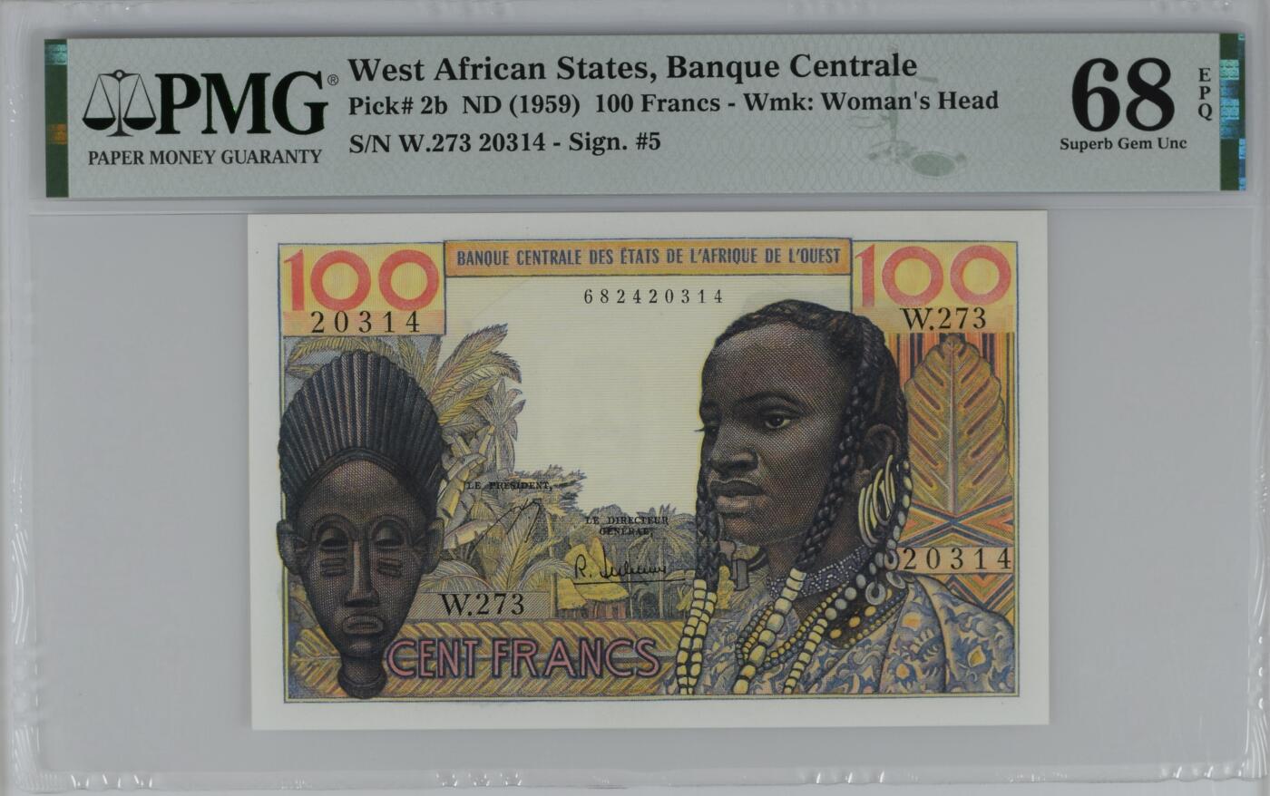 收藏联盟Quantum Auction 第383期拍卖  法属西非ND (1965)年100法郎 PMG68 冠军分