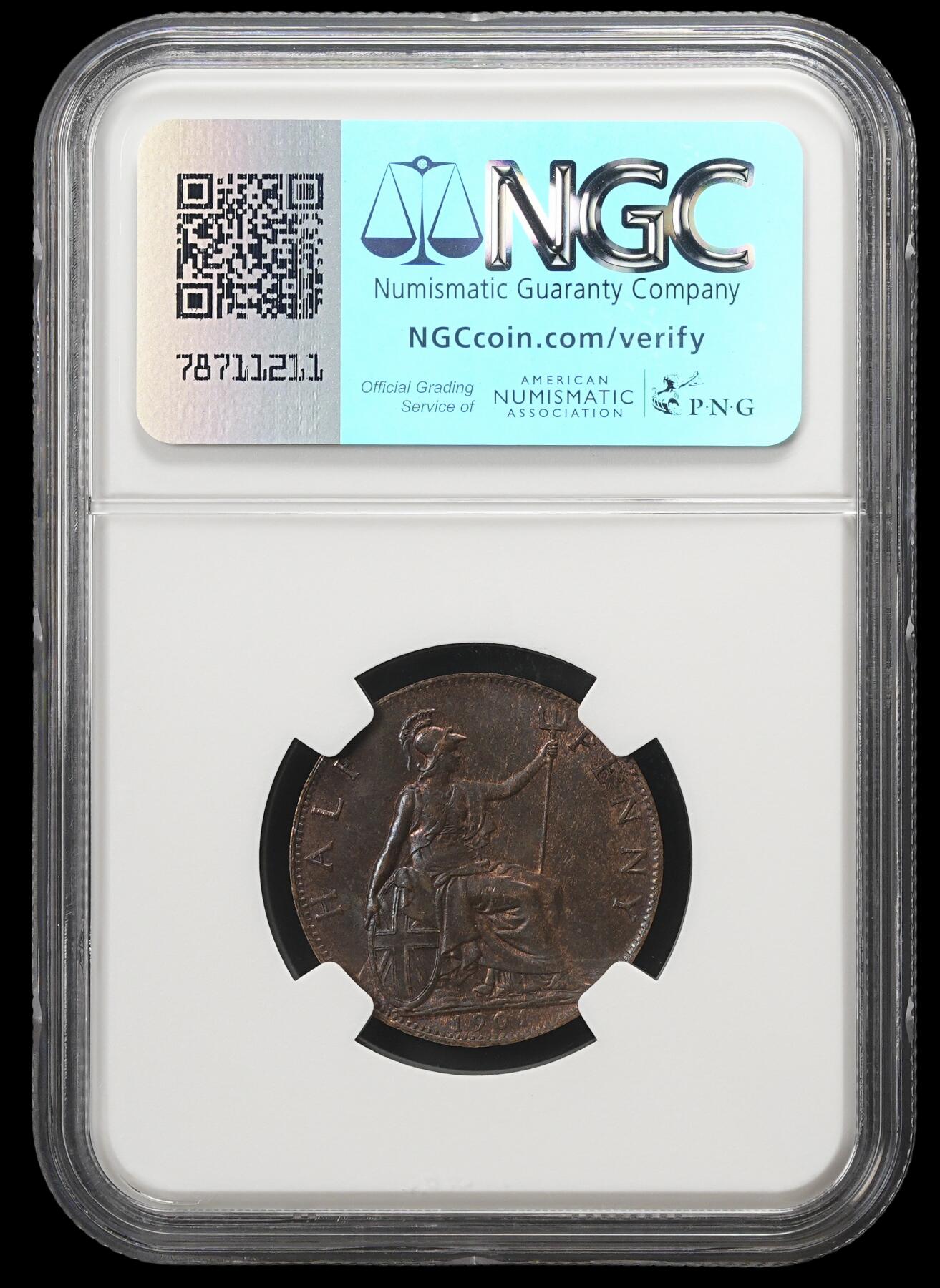 修遠堂世界钱币第四十三期 全场包邮 NGC MS64RB 1901年英国1/2便士铜币