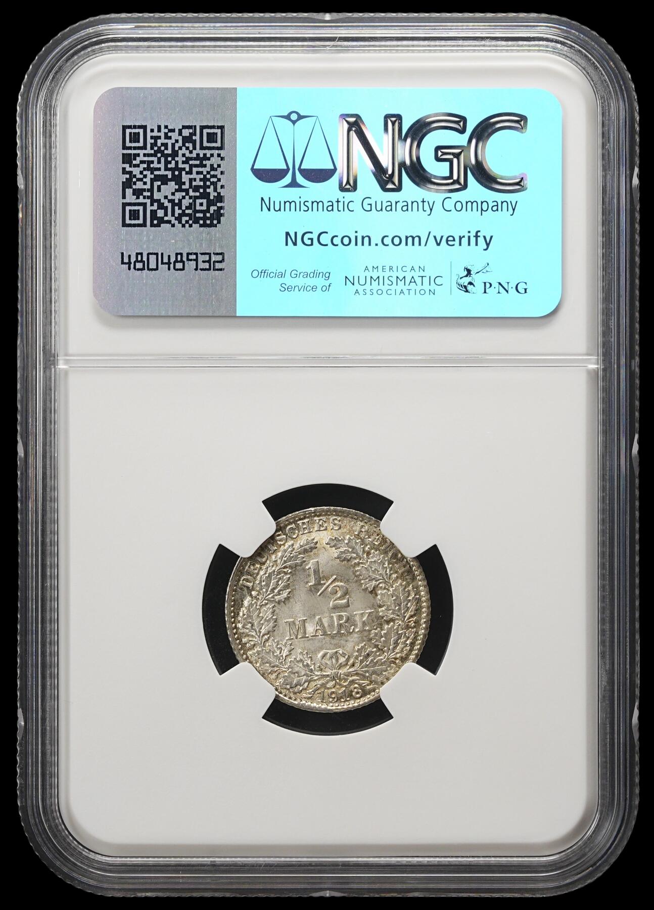 修遠堂世界钱币第四十三期 全场包邮 NGC MS67 1918年德国1/2马克银币