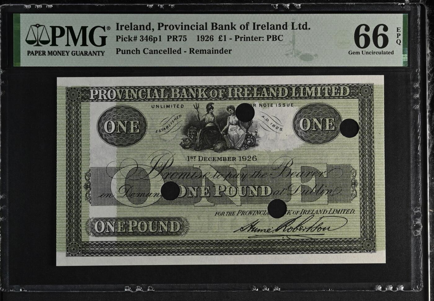 收藏联盟Quantum Auction 第383期拍卖  爱尔兰1926年1镑打孔作废库存票 PMG66