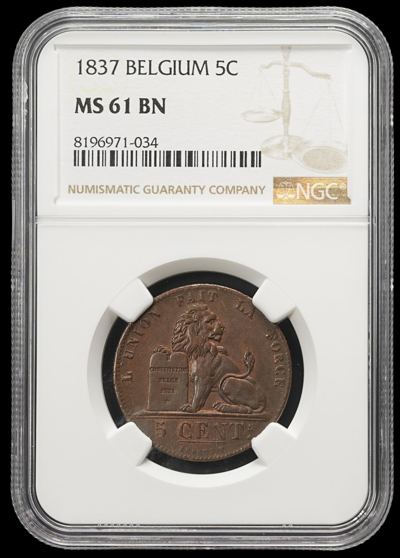 修遠堂世界钱币第四十三期 全场包邮 NGC MS61BN 1837年比利时狮子5分大铜币