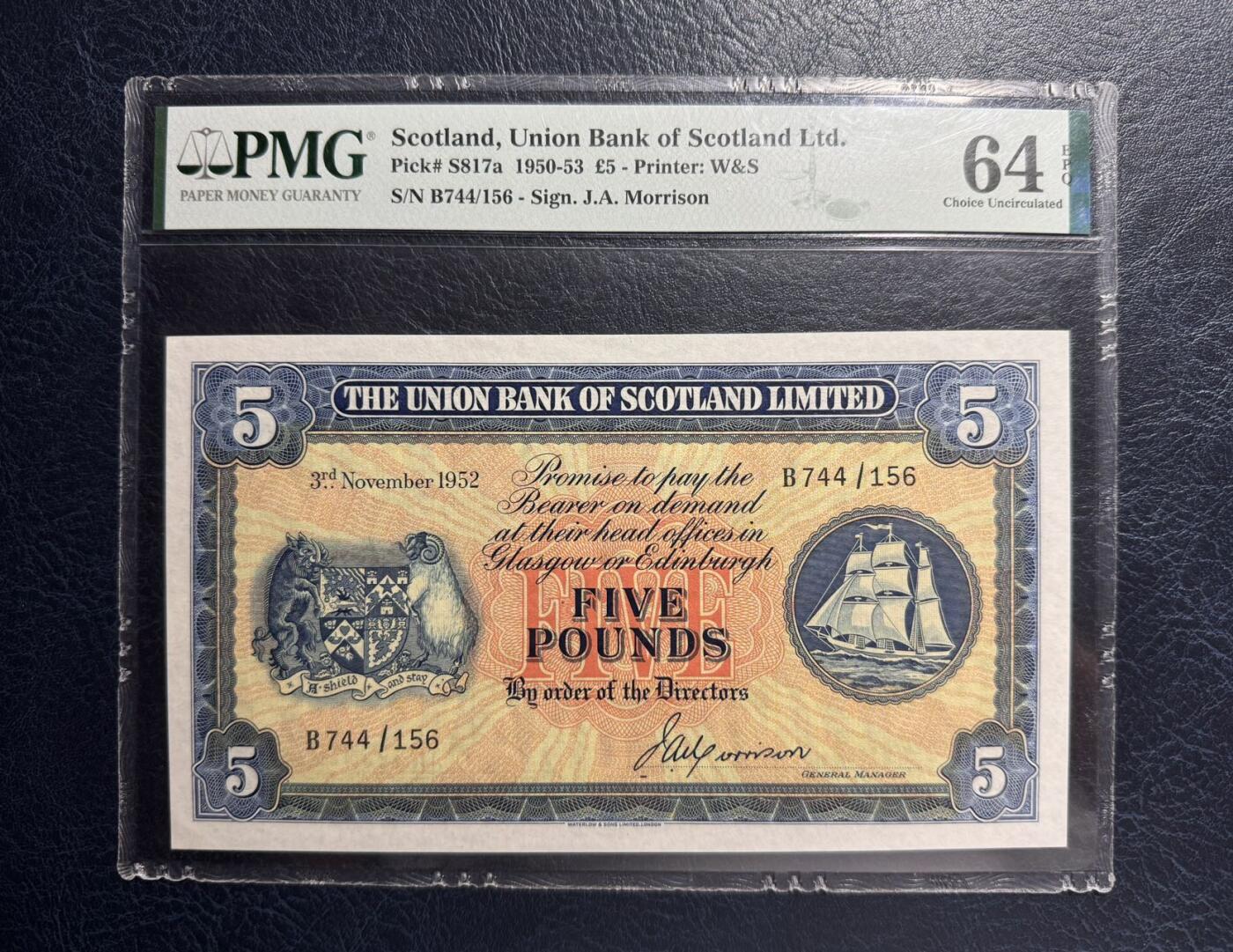 收藏联盟Quantum Auction 第383期拍卖  苏格兰联合银行1950-53年5镑 PMG64E 大票幅 