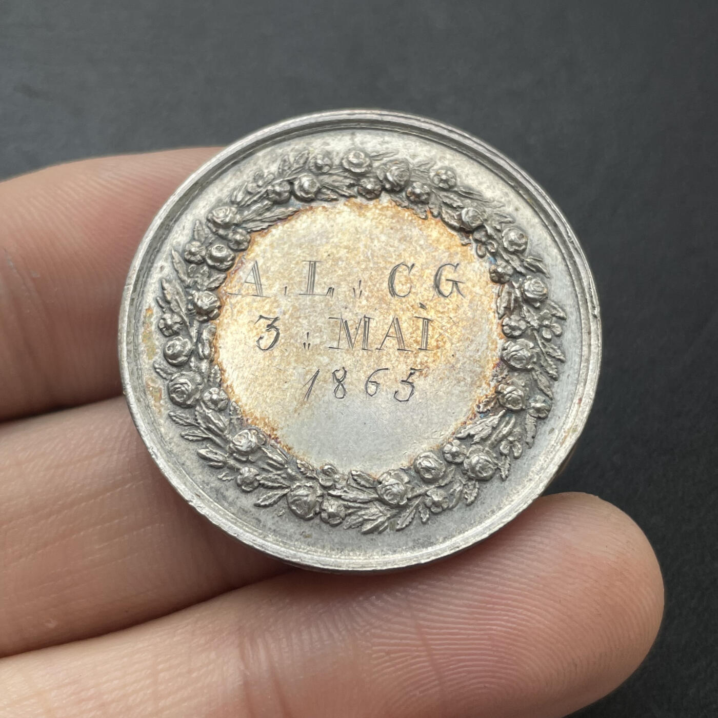 「木头集藏」章牌专场-第48期 1865年法国婚礼银章  直径：32  mm，13.7 g，边铭：蜜蜂 ARGENT 