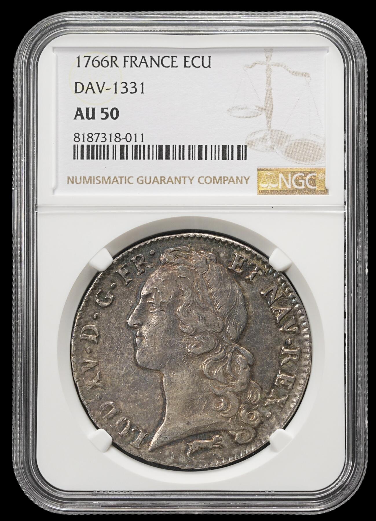 修遠堂世界钱币第四十三期 全场包邮 NGC AU50 1766年法国埃居大银币 路易十五 R厂铭 老包浆