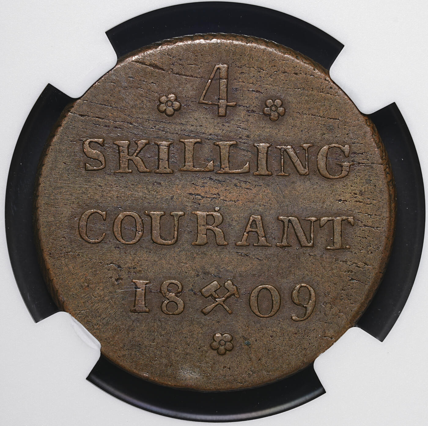修遠堂世界钱币第四十三期 全场包邮 NGC AU58BN 1809年挪威4 SKILLING大铜币 克劳斯目录品相只到XF，少见品种
