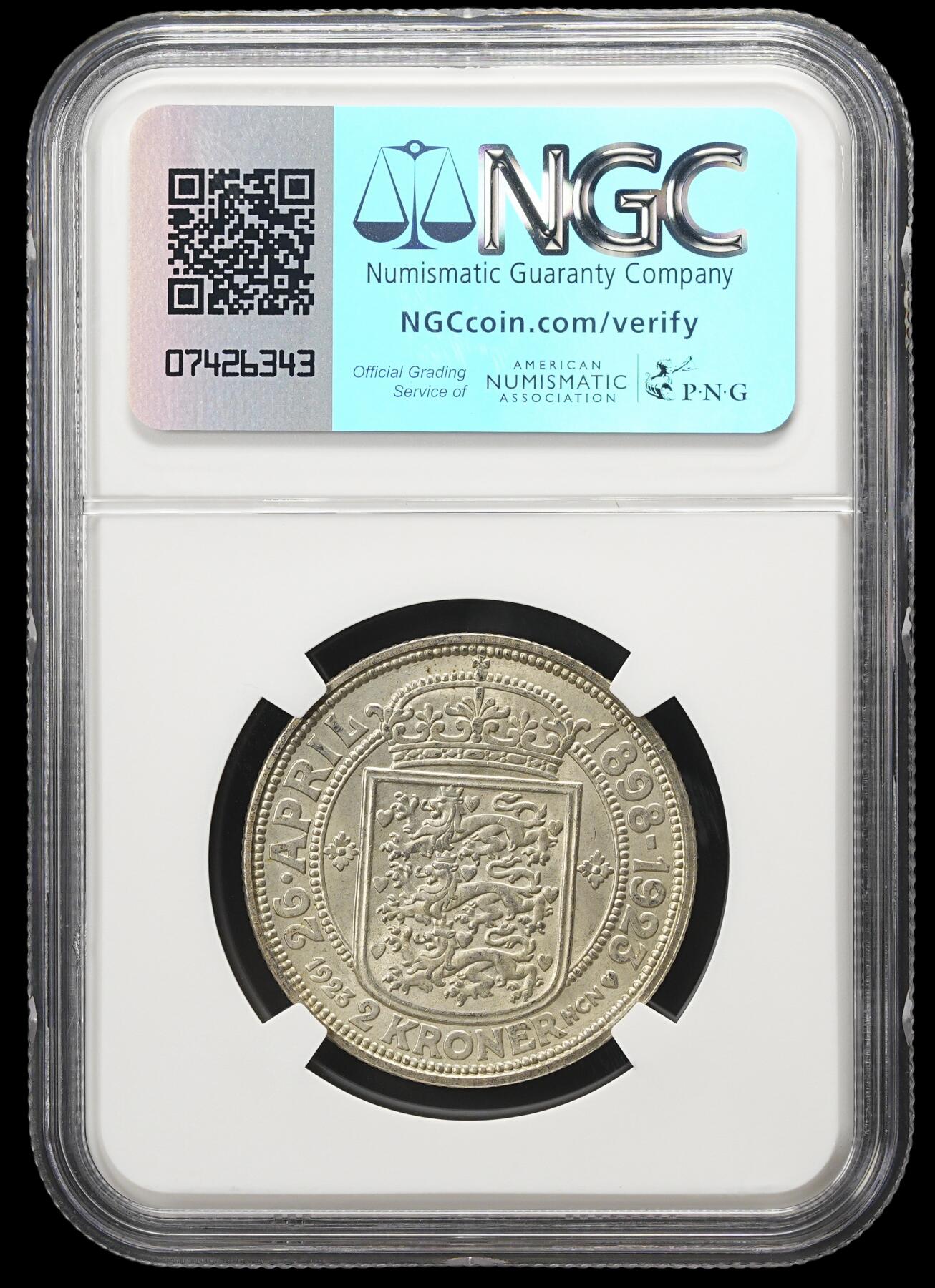 修遠堂世界钱币第四十三期 全场包邮 NGC MS65 1923年丹麦国王银婚纪念2克朗银币