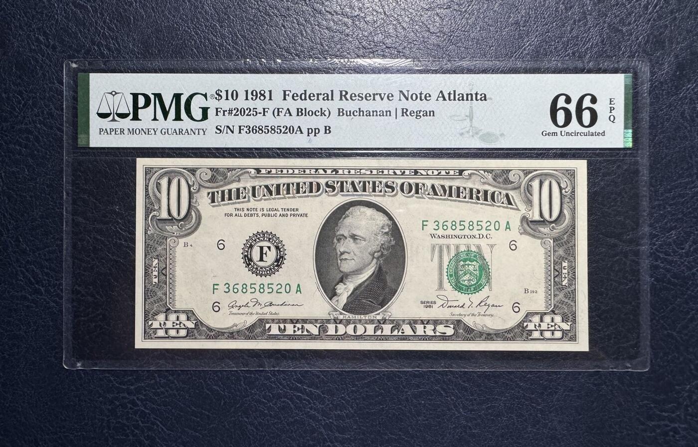 收藏联盟Quantum Auction 第383期拍卖  美联储1981年10元 PMG66  号码无47