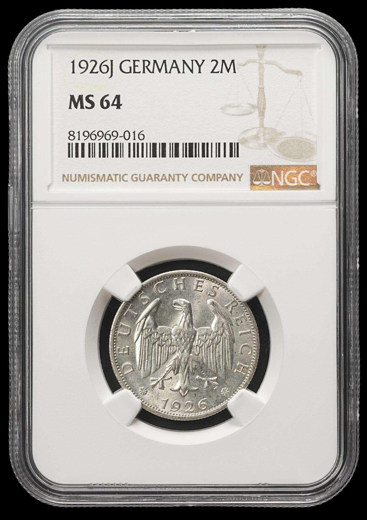修遠堂世界钱币第四十三期 全场包邮 NGC MS64 1926年德国2马克银币