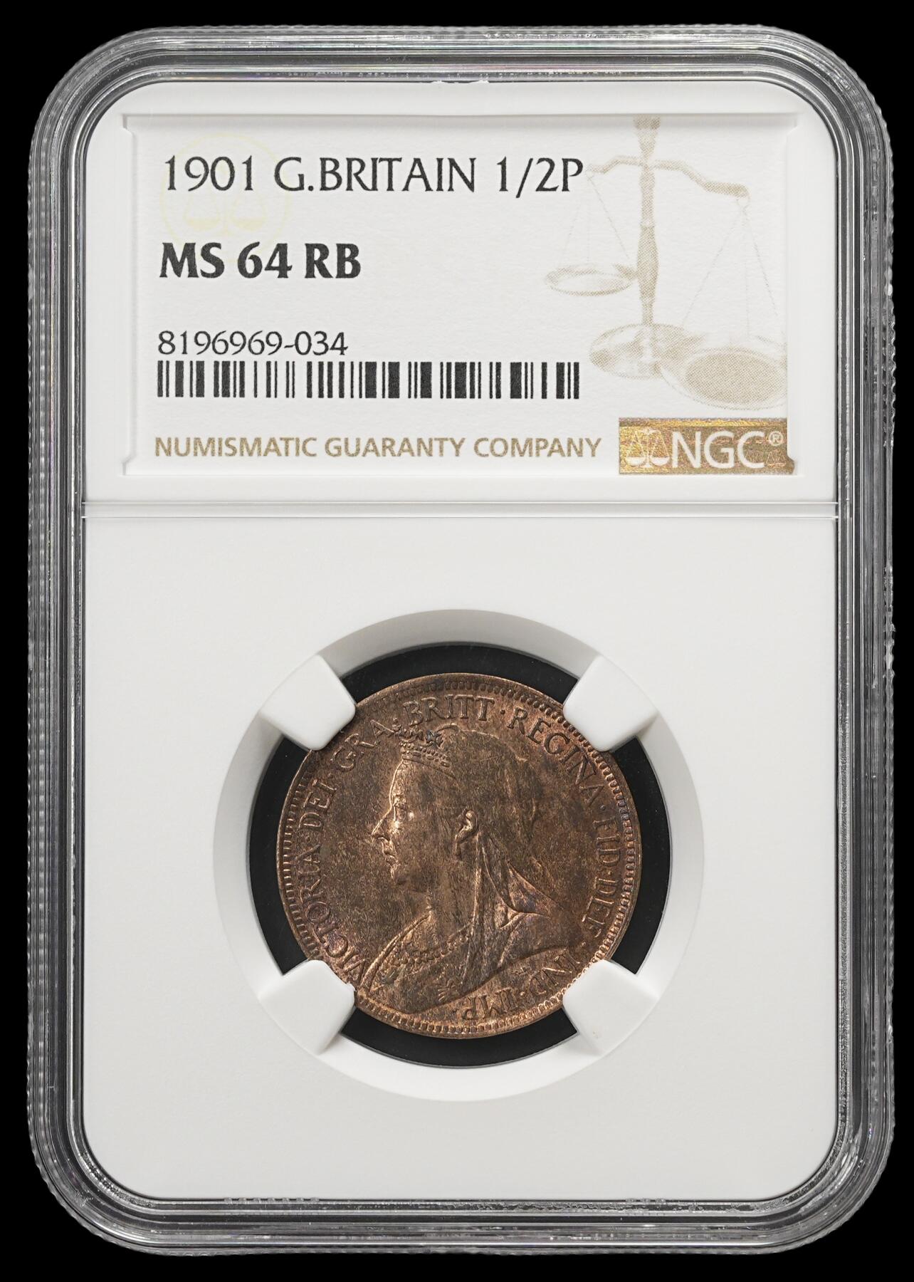 修遠堂世界钱币第四十三期 全场包邮 NGC MS64RB 1901年英国1/2便士铜币
