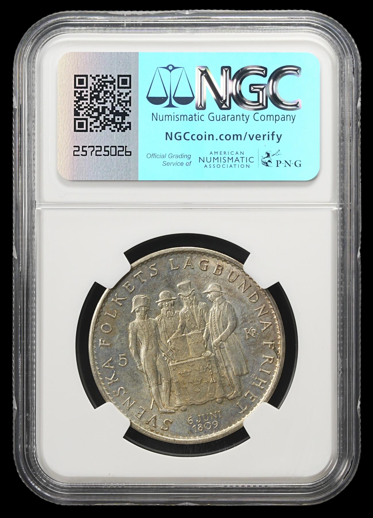 修遠堂世界钱币第四十三期 全场包邮 NGC MS64 1959年瑞典宪法150周年纪念5克朗银币 18G