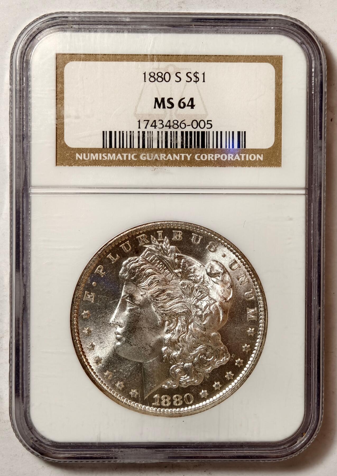 紫瑗钱币——第430期 美国 1880年 S版 摩根 大头妹 1美元 银币 NGC MS64 老盒