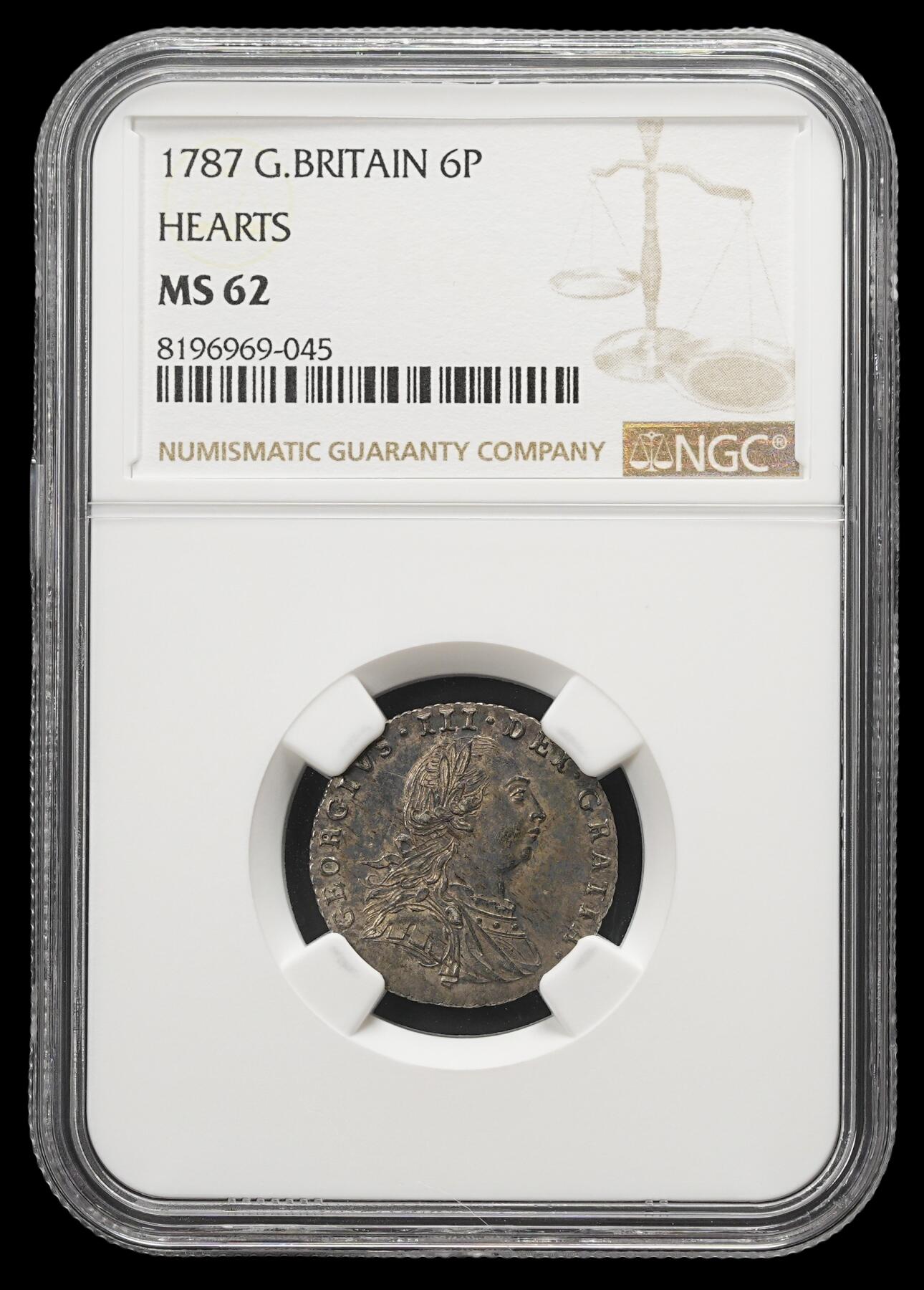 修遠堂世界钱币第四十三期 全场包邮 NGC MS62 1787年英国6便士银币 纸袋包浆