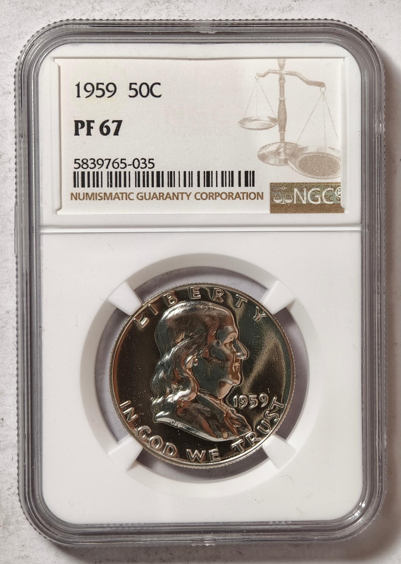 紫瑗钱币——第430期 美国 1959年 富兰克林 50美分 半美元 银币 NGC PF67 精制