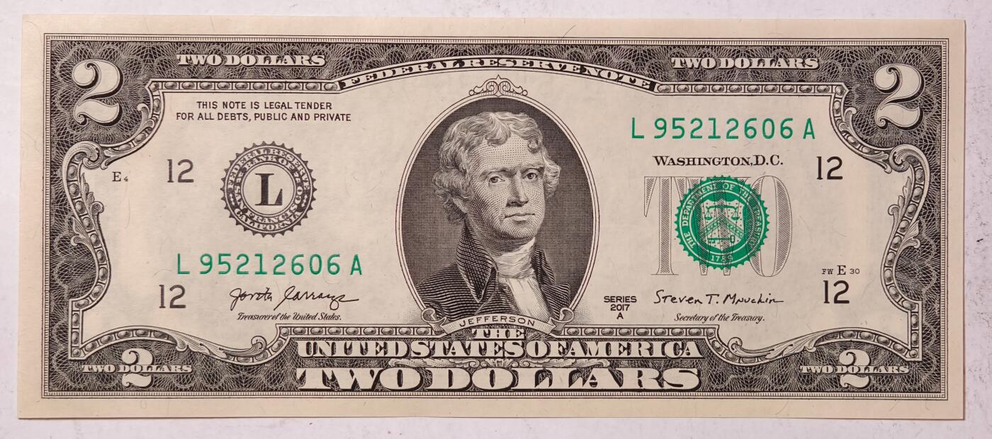 紫瑗钱币——第461期——纸币场 美国 2017年 L版 A序列 托马斯.杰斐逊 2美元 UNC 刀拆货