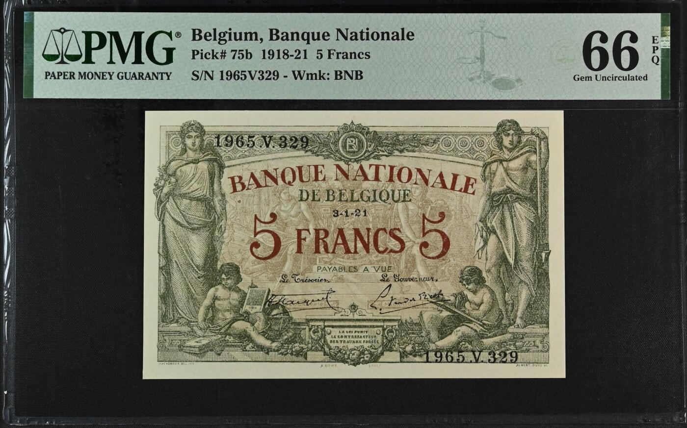 收藏联盟Quantum Auction 第383期拍卖  比利时央行1918-21年5法郎 PMG66