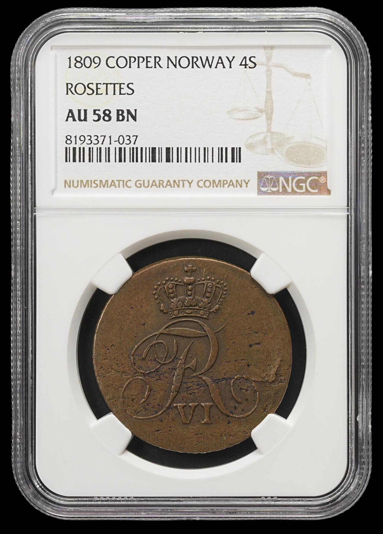 修遠堂世界钱币第四十三期 全场包邮 NGC AU58BN 1809年挪威4 SKILLING大铜币 克劳斯目录品相只到XF，少见品种