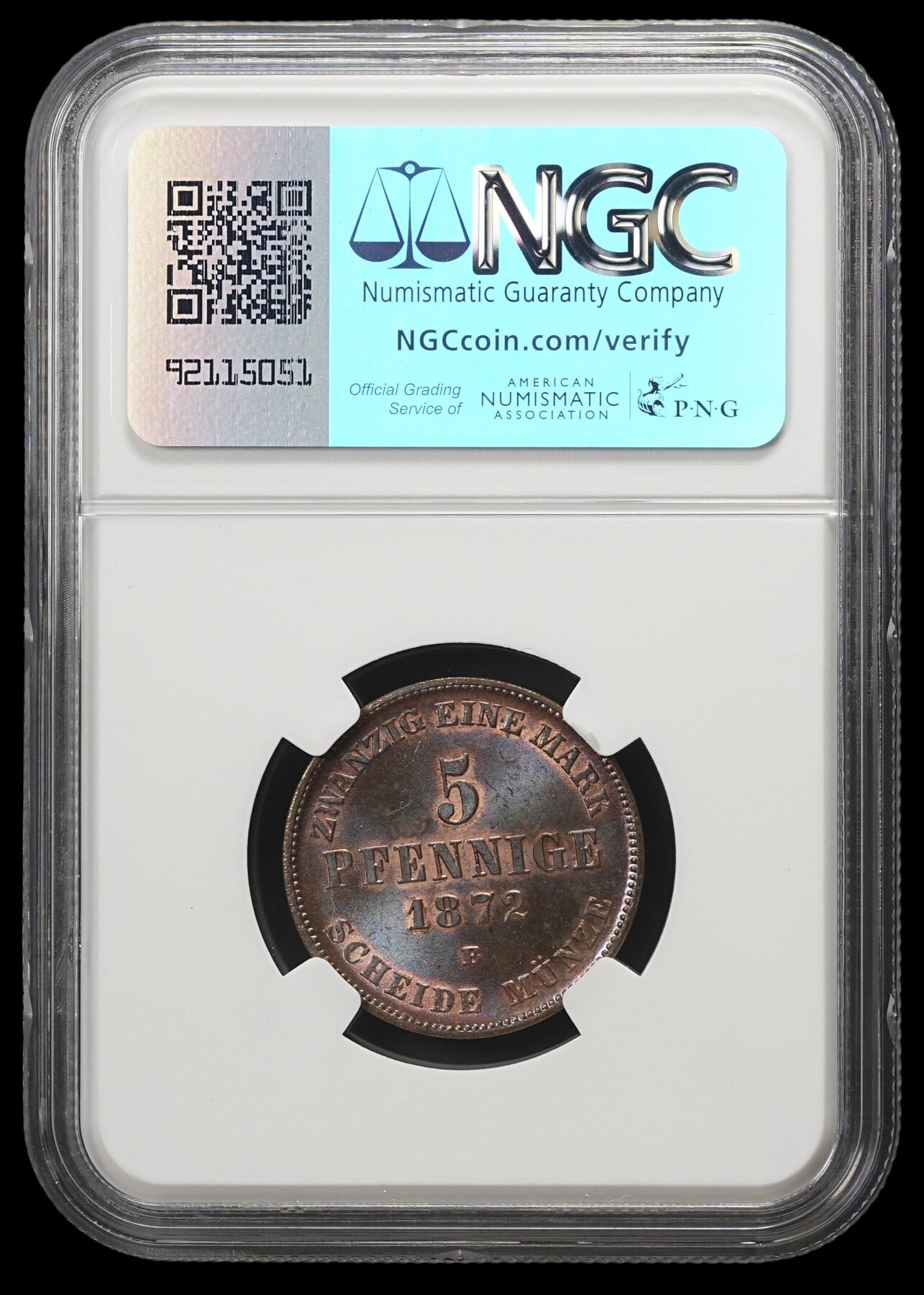 修遠堂世界钱币第四十三期 全场包邮 NGC MS64RB 1872年梅克伦堡-什未林大公国5芬尼铜币 唯一冠军分