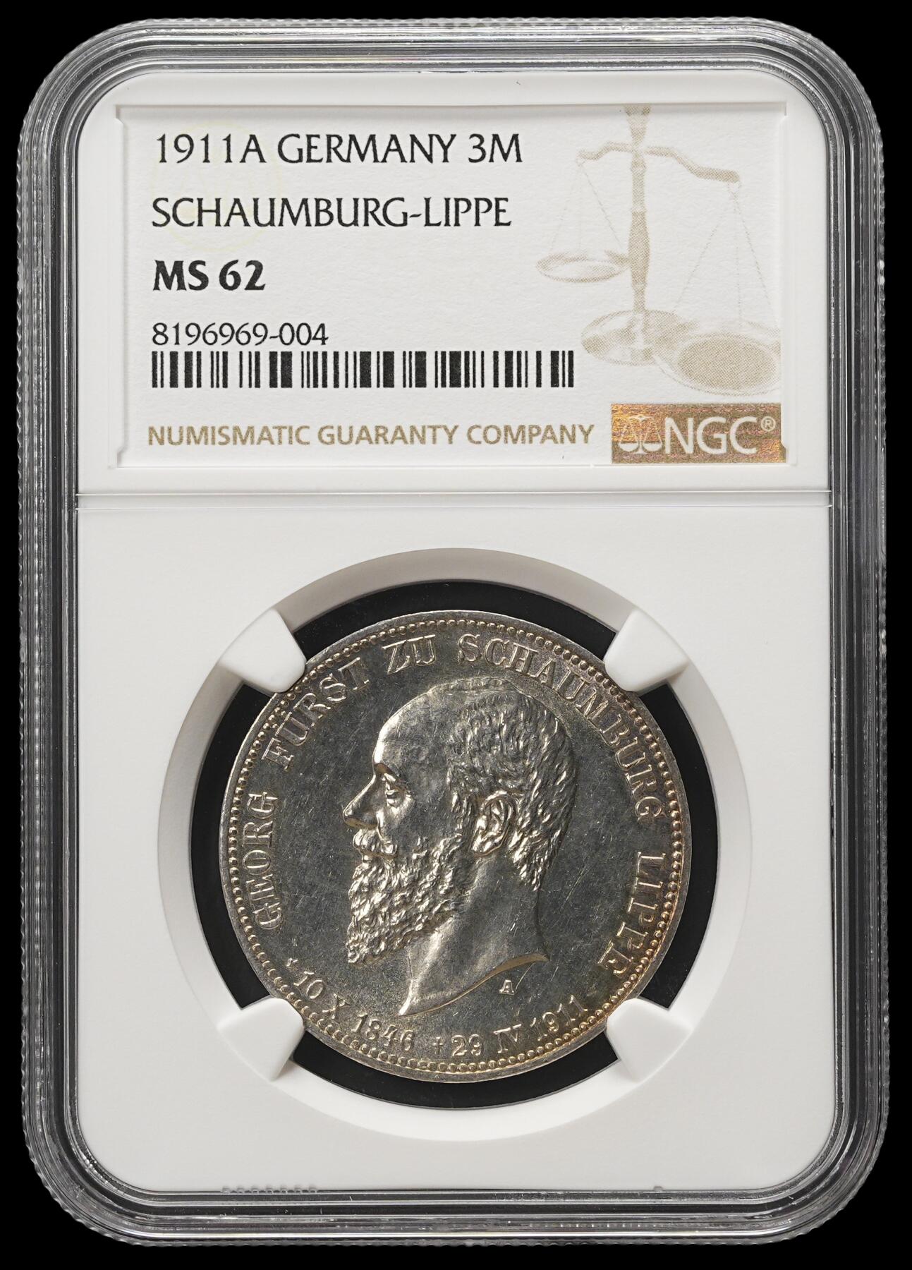 修遠堂世界钱币第四十三期 全场包邮 NGC MS62 1911年绍姆堡-利珀大公国大公逝世纪念3马克银币 少见品种 仅铸造5万枚