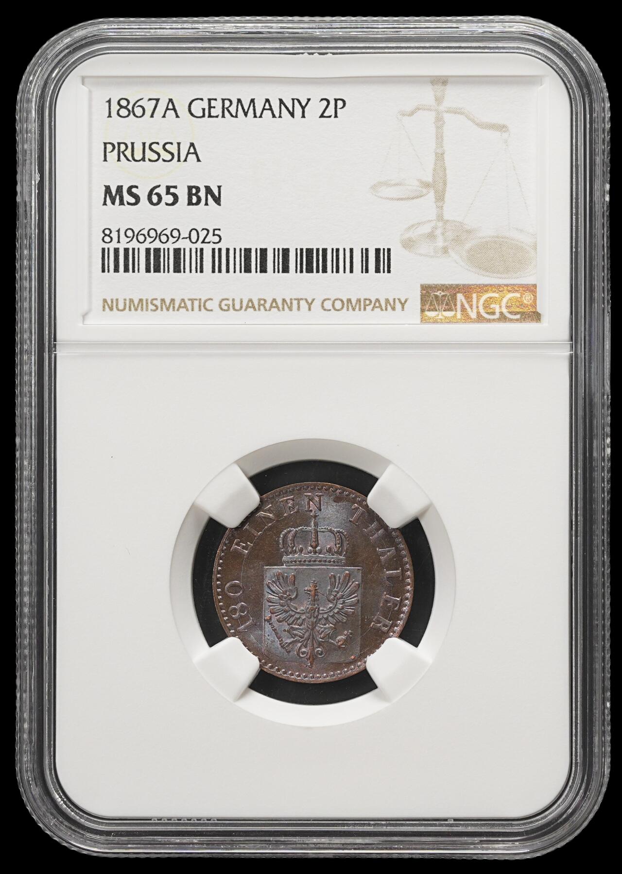 修遠堂世界钱币第四十三期 全场包邮 NGC MS65BN 1867年普鲁士2芬尼铜币