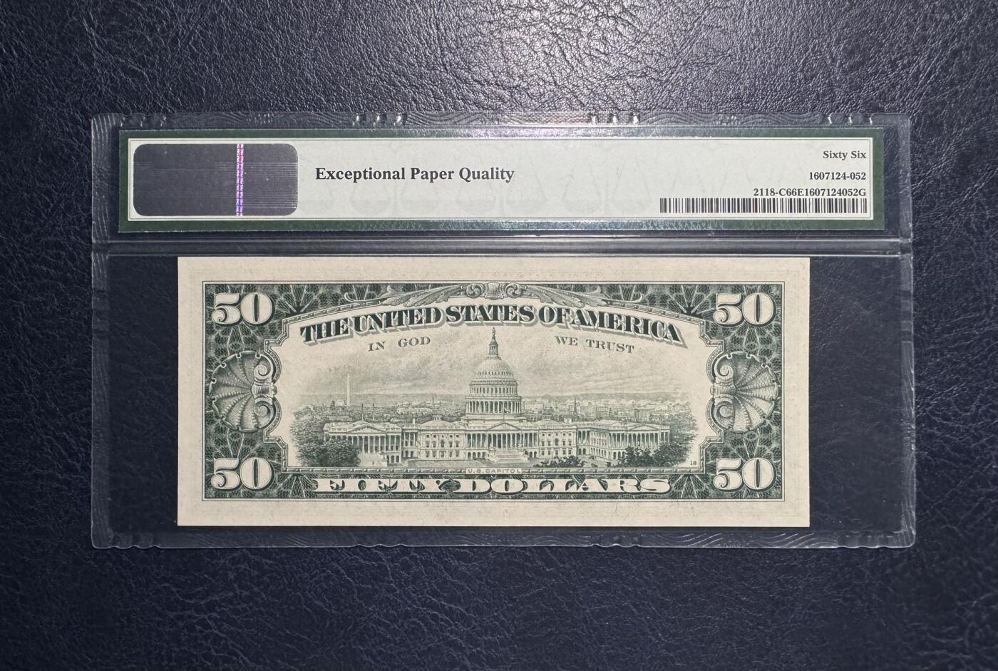 收藏联盟Quantum Auction 第383期拍卖  美联储1974年50元 PMG66  号码无47且为111豹子号头