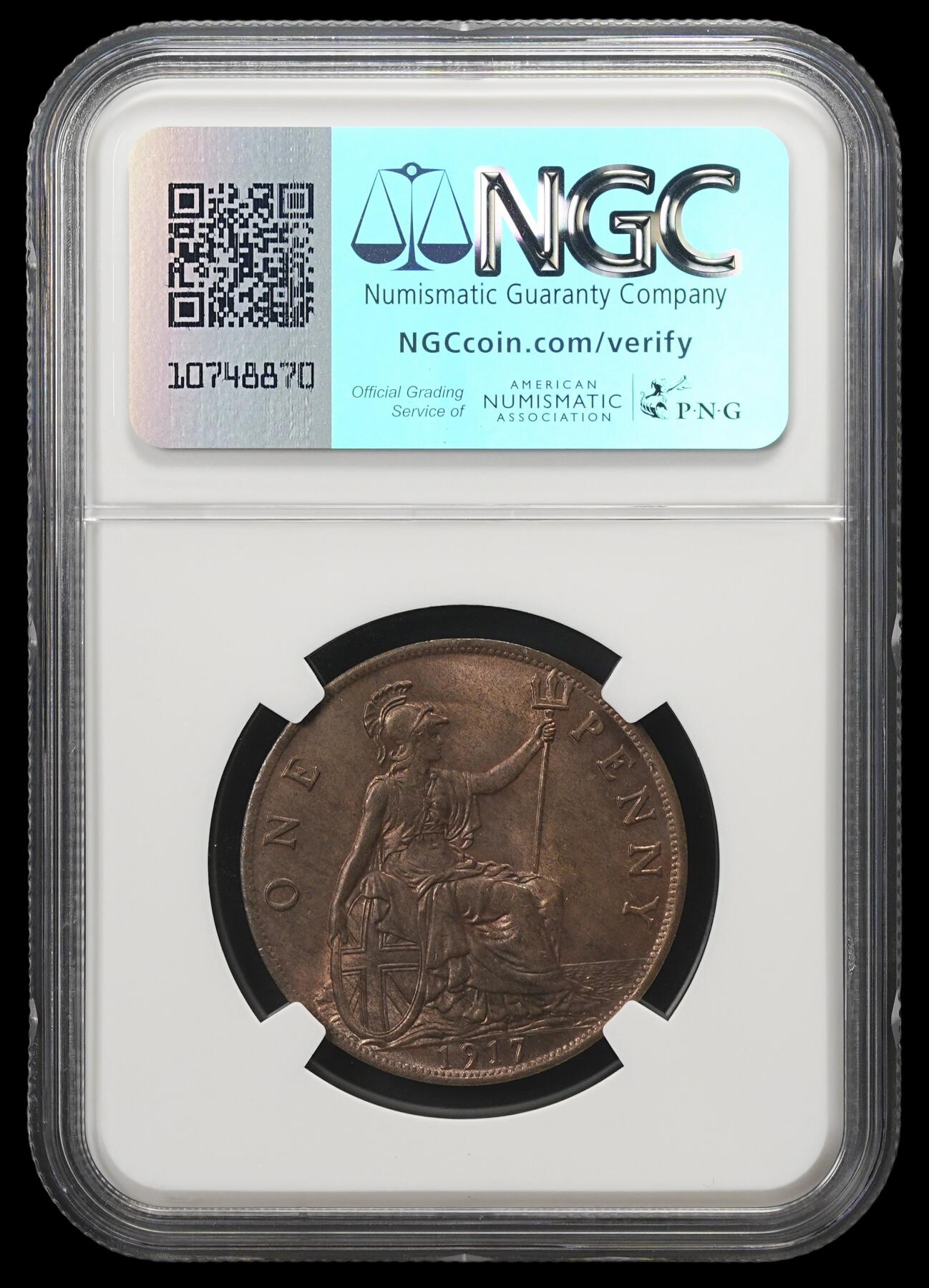 修遠堂世界钱币第四十三期 全场包邮 NGC MS64RB 1917年英国1便士铜币