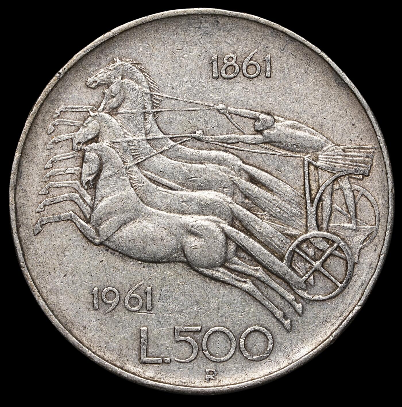 修遠堂世界钱币第四十三期 全场包邮 1961年意大利统一百年纪念500里拉银币 11g，83.5%银