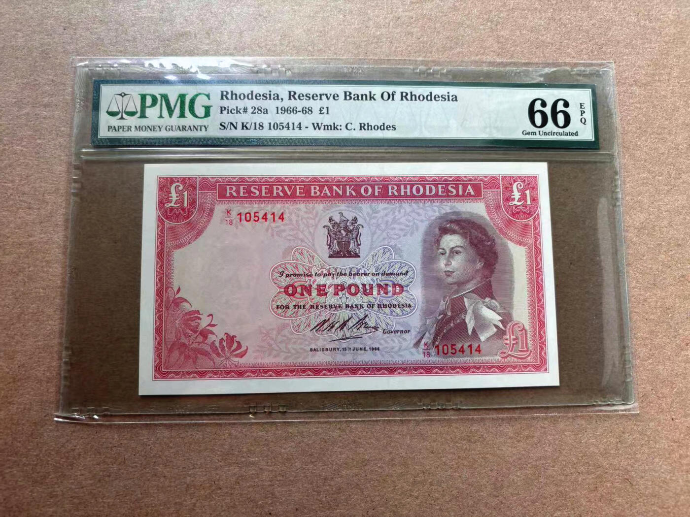 【Blue Auction】✨世界纸币精拍第560期【精】 罗德西亚 1966-68年1镑 戎装女王 PMG66EPQ 