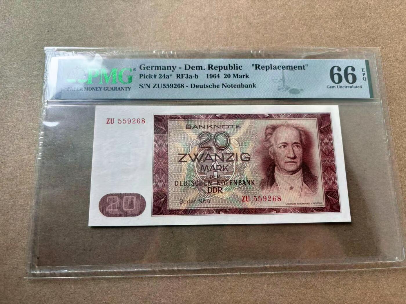 【Blue Auction】✨世界纸币精拍第560期【精】 【补号无47】德国 1964年20马克 PMG66EPQ 