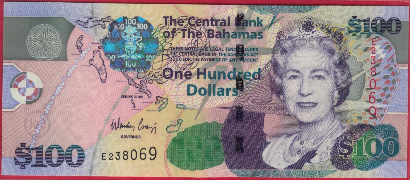 巴哈马2009年100元 无47 美洲币 实物图 UNC