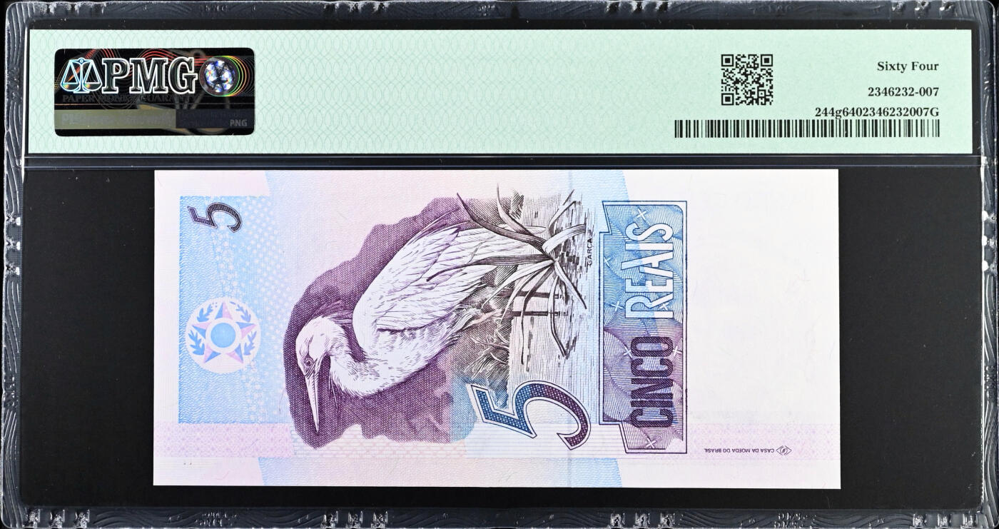 【Blue Auction】✨世界纸币精拍第560期【精】 【AA】巴西 1994-97年5瑞斯 PMG64
