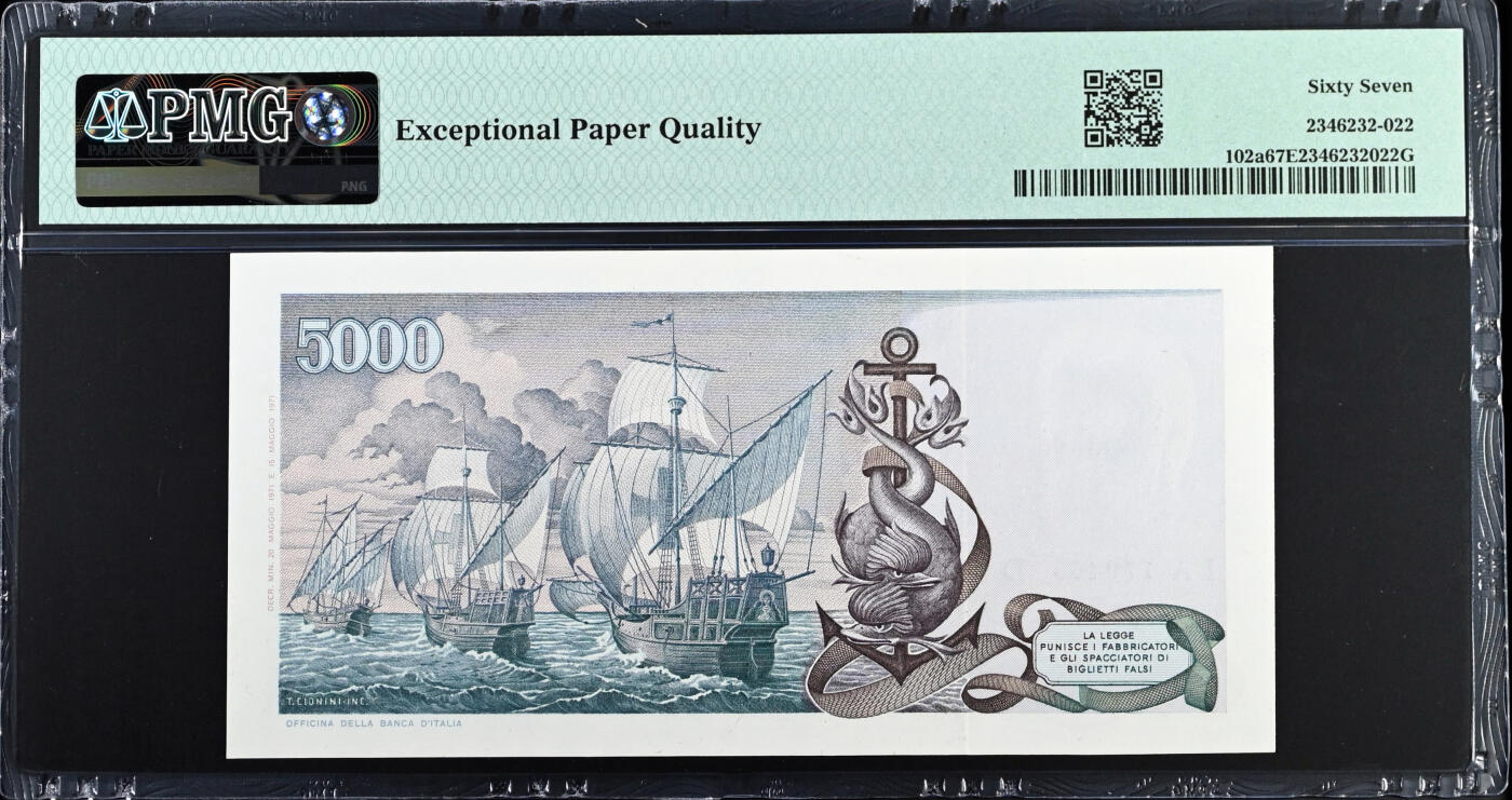 【Blue Auction】✨世界纸币精拍第560期【精】 意大利 1971年5000里拉 哥伦布 PMG67EPQ 高分