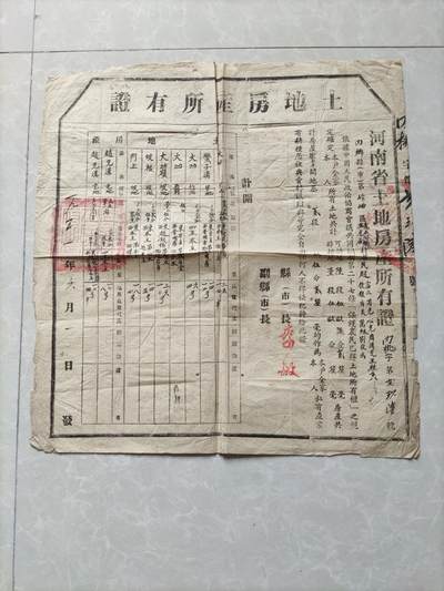 地契票证保真专拍 河南省土地房产所有证