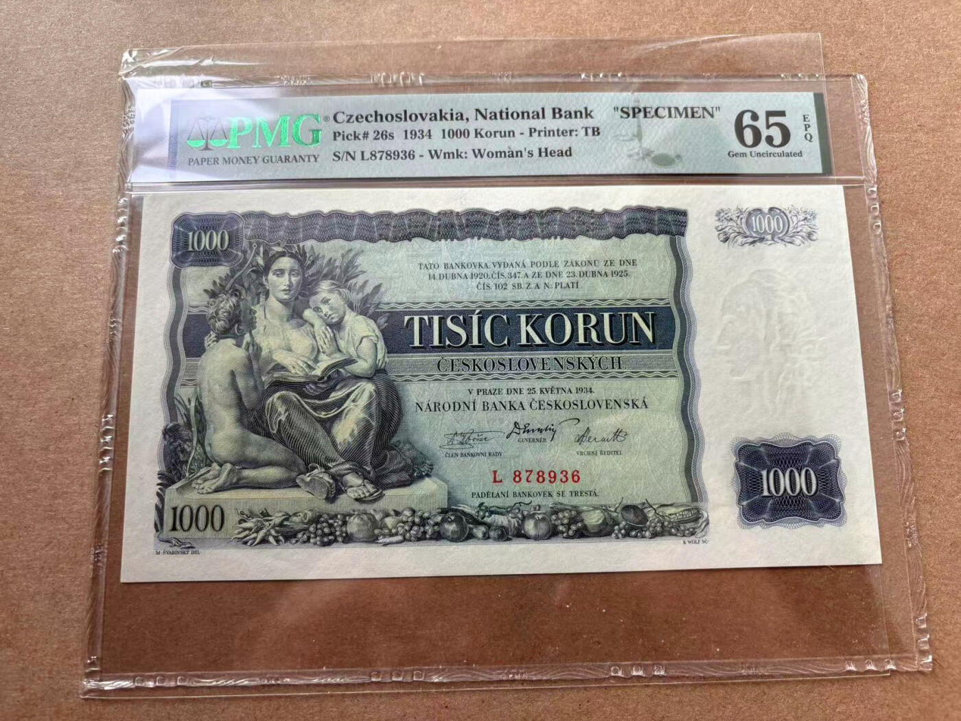 【Blue Auction】✨世界纸币精拍第560期【精】 捷斯 1934年1000克朗 超大票幅 样钞 设计精美 PMG65EPQ