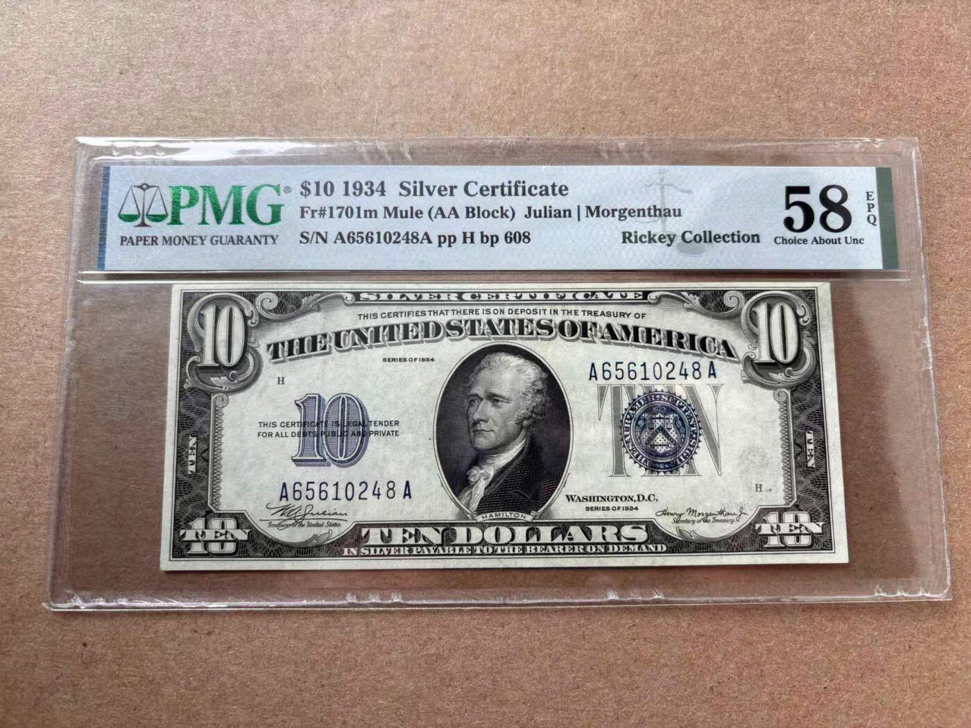 【Blue Auction】✨世界纸币精拍第560期【精】 【AA】美国 1934年10美金 银币券 PMG58EPQ 名家旧藏