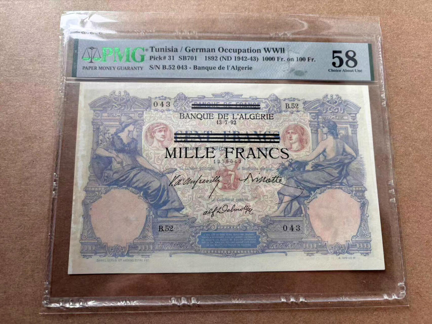 【Blue Auction】✨世界纸币精拍第560期【精】  突尼斯 早期 1892年1000法郎 设计精美 大票幅 PMG58