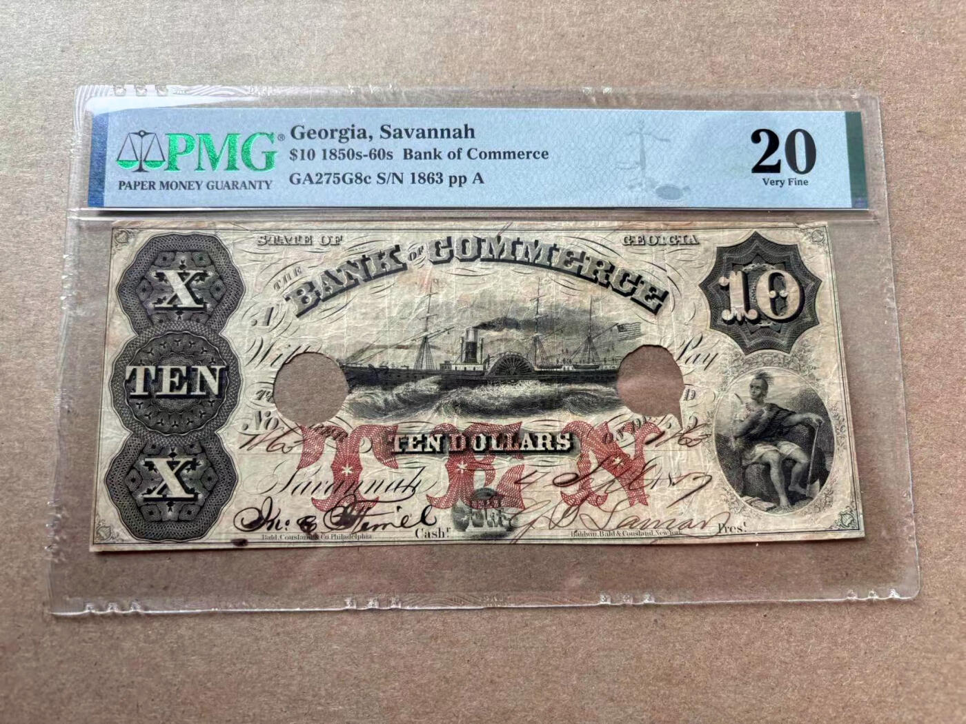 【Blue Auction】✨世界纸币精拍第560期【精】 【手签实钞 1863小号】美国 佐治亚州 1850-60年代10美金 PMG20 少见品种 