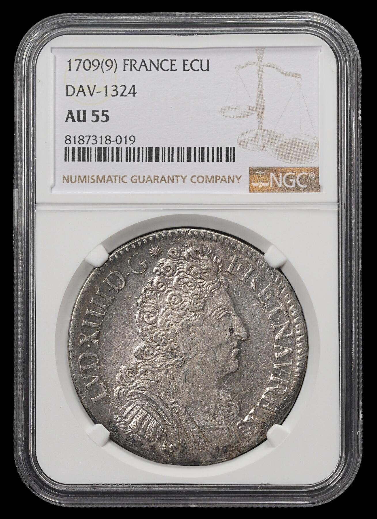 修遠堂世界钱币第四十三期 全场包邮 NGC AU55 1709年太阳王路易十四1埃居大银币 9厂铭 少见的品种，亚军分，更高分仅一枚