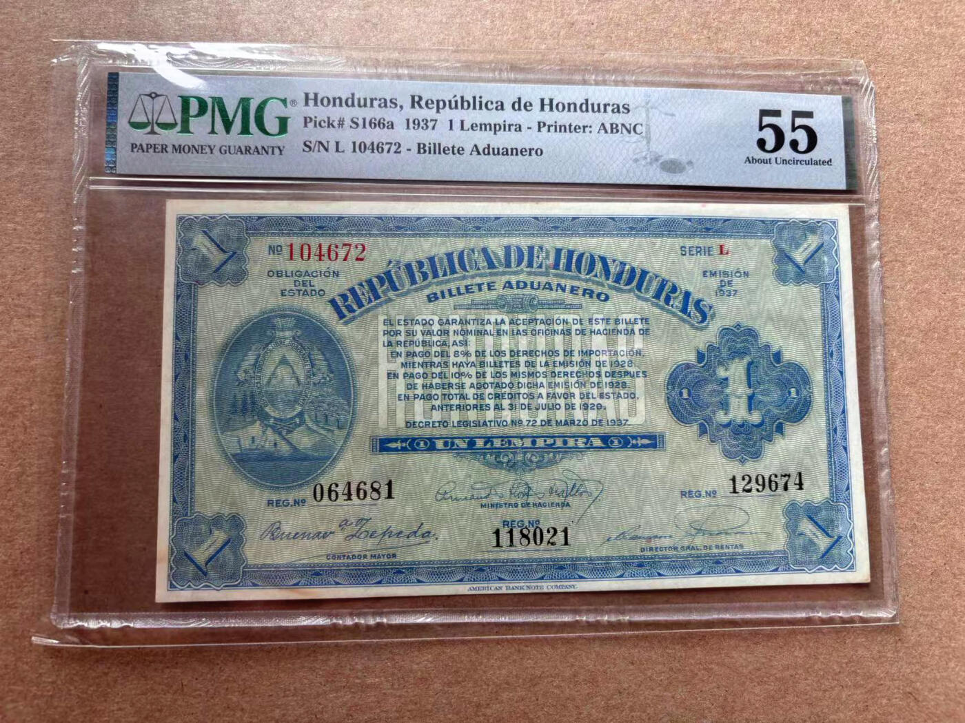 【Blue Auction】✨世界纸币精拍第560期【精】 洪都拉斯 1937年1伦皮拉 PMG55 