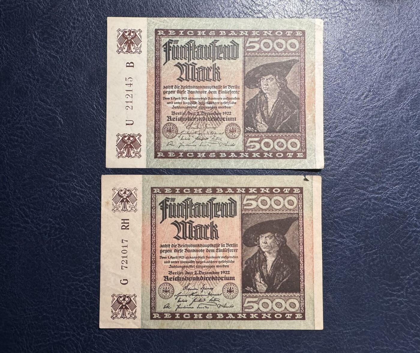 收藏联盟Quantum Auction 第383期拍卖  德国1922年5000马克 品相如图 无中折