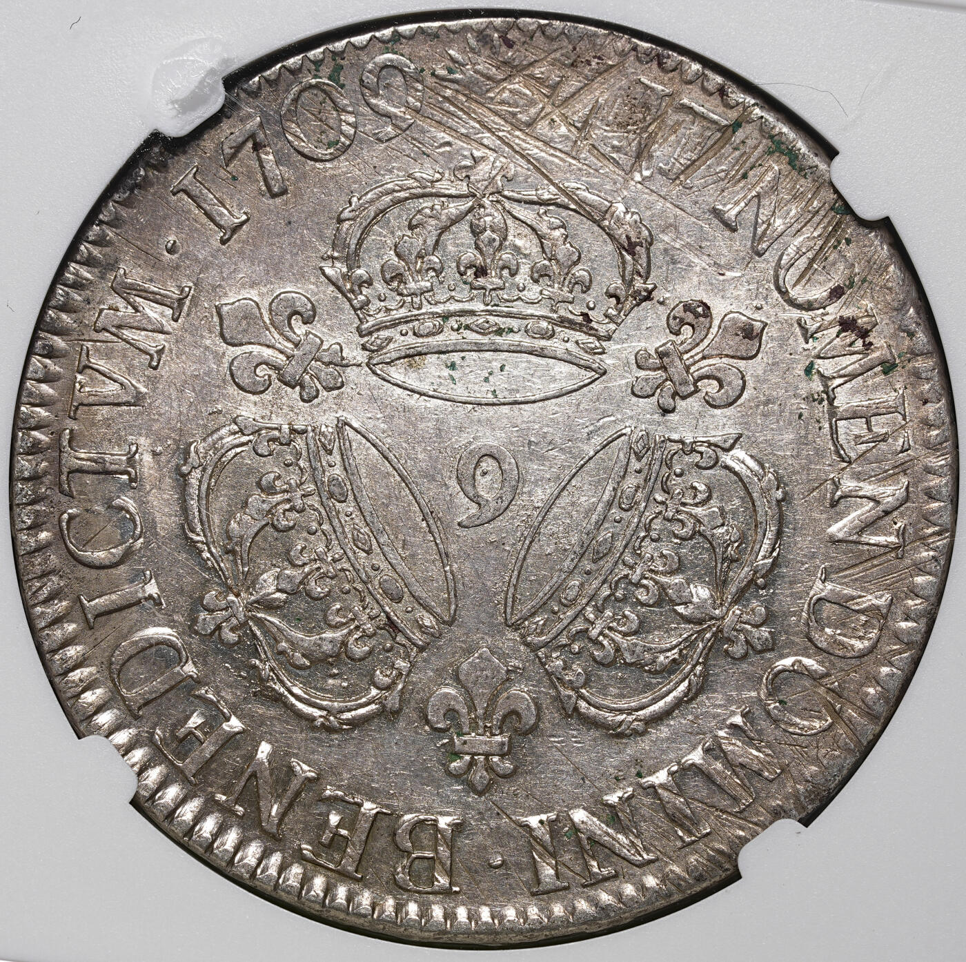 修遠堂世界钱币第四十三期 全场包邮 NGC AU55 1709年太阳王路易十四1埃居大银币 9厂铭 少见的品种，亚军分，更高分仅一枚